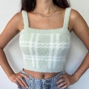 Kendall & Kylie Mint Green and White Plaid Knit Crop Cami